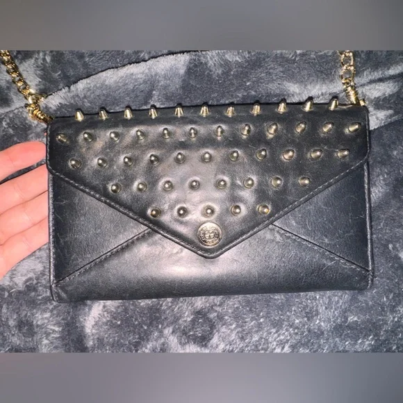 Rebecca Minkoff Black Studded Leather wallet purse with Gold Chain - Picture 3 of 16